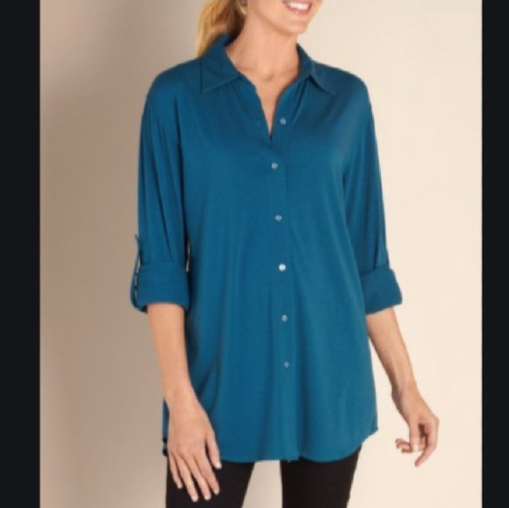Soft Surroundings Soft Sunday Button Front Shirt Teal Size Large Tunic